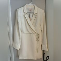 Cinq A Sept White Blazer Dress Never Worn! Elegant White Long Sleeve Wrap Dress, Chic Formal Mini Dress With Tie Waist, Summer Formal Mini Wrap Dress, Formal Cream Mini Dress With Long Sleeves, Fitted White Wrap Dress For Work, Spring Cocktail Wrap Dress With Long Sleeves, Cream Mini Length Work Dresses, Long Sleeve Mini Dress With Tie Waist For Work, Cream Mini Dress For Formal Fall Occasions