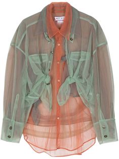 orange/green sheer tulle overlay layered design straight-point collar long sleeves buttoned-cuff sleeves front button fastening curved hem Versace Outfit, Yoko London, City Dress, Layered Design, Iconic Bags, Van Cleef Arpels, Summer Beach Wear, Dolce & Gabbana, Lady Dior