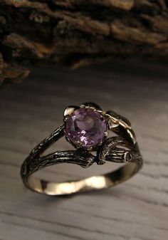 Twig gold engagement ring with Amethyst and Diamonds, Women's twig and leaves ring, Tree bark engagement ring, Amethyst ring, Gift for bride  #goldjewelry #Engagement #weddingideas Round Amethyst Ring With Rose Cut Diamonds, Exquisite Amethyst Center Stone Wedding Ring, Exquisite Amethyst Ring For Wedding, Exquisite Amethyst Wedding Ring, Nature-inspired Solitaire Jewelry For Weddings, Unique Sapphire Wedding Ring With Center Stone, Unique Wedding Sapphire Ring With Center Stone, Nature-inspired Wedding Rings With Prong Setting, Fine Jewelry Amethyst Promise Ring With Rose Cut Diamonds