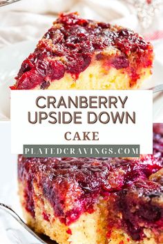 a piece of cranberry upside down cake on a plate