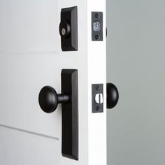 an open door with black handles and knobs