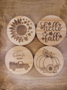 four wooden coasters that say hello fall and happy harvest