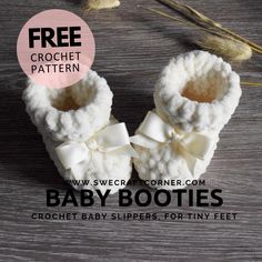 a pair of baby booties with the text free crochet pattern