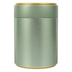 thermos stainless steel canister with gold lid is shown on a white background