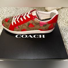 Coach Sneaker / Never Worn/ Electric Red / Strawberry Print Are Absolutely Stunning And Ready To Worn And Shown Off. These Sneakers Are True To Size , Comfortable, Casual And Cute. Red Leather Sneakers For Spring, Tenis Coach, Coach Slides, Dream Wishlist, Rainbow Sneakers, Coach Sneakers, Floral Sneakers, Red Strawberry, Leather Moccasins