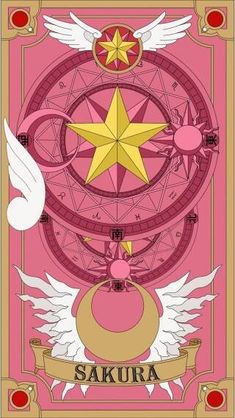 a pink poster with white wings and a gold star on it's center piece