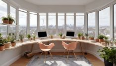 an office with two computer screens and plants in the corner