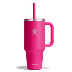 a pink tumbler cup with a straw in the middle and a logo on it