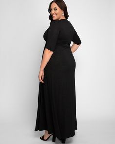 Our Romanced by Moonlight Gown is modern elegance, perfected.  Cinching at the waist creates graceful draping for a sweeping skirt.  A surplice bodice and 3/4 length sleeves keeps the look classic yet glamorous.  This plus size evening gown with sleeves features specially glitter-treated fabric that catches the light beautifully when you move. All of Kiyonna's plus size long formal dresses are made with love in the USA.  The Midnight Star is the only color way with glitter-treated fabric. Plus Size Evening Gown With Sleeves, Evening Gown With Sleeves, Plus Size 2023, Gown With Sleeves, Plus Size Evening Gown, Long Formal Dresses, Evening Gowns With Sleeves, Moda Plus, Gowns With Sleeves