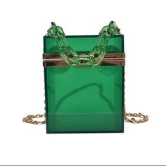 Women’s Handbag/Tote Acrylic Cube Emerald Can Be Worn Crossbody As Well As A Tote 4 X 4 X 6 (Dimensions) Detachable Shoulder Strap Hangs At 24in Acrylic Bag, Clear Handbags, Transparent Box, Summer Tote Bags, Golden Chain, Drawstring Bucket Bag, Trendy Handbags, Nylon Tote Bags, Black Leather Tote