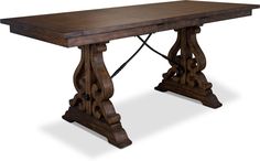 a wooden table with two legs and an intricate design on the top, against a white background