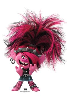 the troll doll is dressed in pink and black with red feathers on it's head