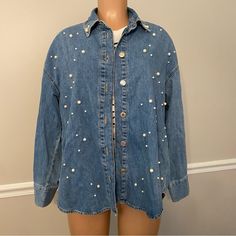 Gorgeous Denim Button Down With Pearl Details Size Large Nwt Trendy Button-up Denim Jacket, Trendy Fall Denim Top With Snap Buttons, Spring Denim Jacket With Buttons For Day Out, Denim Jacket With Buttons For Spring Day Out, Fall Denim Top With Snap Buttons In Dark Wash, Dark Wash Denim Top With Snap Buttons For Fall, Trendy Medium Wash Button-up Denim Jacket, Trendy Relaxed Fit Denim Top With Snap Buttons, Trendy Collared Denim Jacket With Snap Buttons