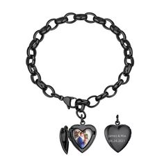 PRICES MAY VARY. Black Cable Chain with Photo: Hypoallergenic, Made of 316L stainless steel with 5 layers shiny black plated mirror finish, it promises to keep shining alongside you. Nickel-free, lead-free design ensures you can wear these bracelet with confidence Size: Heart Locket Bracelets for Women: Heart Charm: 0.29*0.77 Inch; Chain Width: 0.27 Inch; Length: 8.7 inches; Lobster Clasp design, easy to adjust bracelet fits most wrist from 6.1 to 8.7 Inches. No more sizing snafus—just a perfect Heart Locket Bracelet, Customised Bracelets, Heart Mirror, Picture Locket, Locket Bracelet, Jewelry Personalized, Girl Friend, Name Jewelry, Black Bracelets