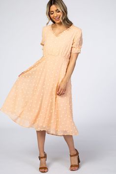 Peach Swiss Dot Ruffle Trim Dress – PinkBlush Peach Midi Dress, Sunday Dresses, Apricot Dress, Swiss Dot Dress, Short Sleeve Midi Dress, Ruffle Trim Dress, Peach Dress, Trim Dress, Sleeves Dress