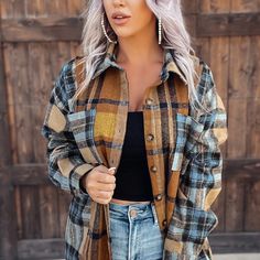 This Is A Nice Heavyweight Flannel Shirt. Soft Button Down Plaid Top Is A Great Piece To Add To Your Wardrobe! Cotton 100% Straight Clothes, Cardigan Casual, Brown And Blue, Pocket Cardigan, Collar Cardigan, Cardigan Shirt, Checkered Shirt, Turndown Collar, Collar Blouse