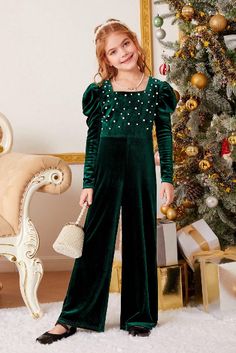 This jumpsuit is made from a stretch velvet material and features a chic gigot sleeve. The pearls add a luxurious touch. This stylish piece is perfect for a Christmas or any special event. #girls #jumpsuit #velvet Gigot Sleeve, Punk Woman, Ruffle Trim Top, Velvet Jumpsuit, New 52, Shein Outfits, Jumpsuit Elegant, Jumpsuit Online, Leg Sleeves