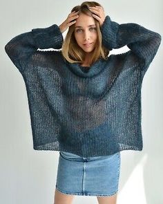 Blue mohair sweater, Turtleneck loose knit sweater, Oversized handknit sweater | eBay Pull Mohair, Pull Bleu, Sweater Turtleneck, Loose Knit Sweaters, Chunky Knit Sweater, Chic Sweaters, Knit Turtleneck, Hand Knitted Sweaters, Loose Knit