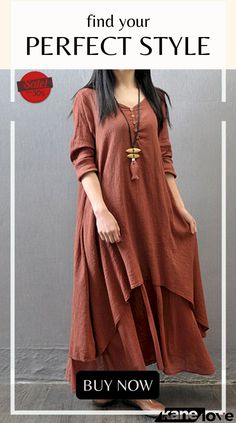 Loose Linen Dress with Long Sleeves Casual Brown Dress With Asymmetrical Hem, Spring Brown Tunic Maxi Dress, Fall Lagenlook Maxi Dress, Brown Cotton Lagenlook Dress, Dress With Long Sleeves, Chic Casual, Fall Fabric, Color Pick, Linen Dress