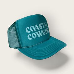 Capture the spirit of the coast with this Coastal Cowgirl Trucker Hat and show off your beach-side and country style! With its perfect blend of vacation vibes, this hat is ideal for summer lakeside getaways, resort trips, and boat cruises. Yee-haw! White or Jade trucker hat with light blue matte ink Beach Side, Vacation Vibes, Yee Haw, Coastal Cowgirl, The Coast, Cruises, Country Style, The Spirit, Music Lovers