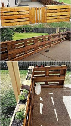 some wooden benches sitting next to each other in front of a fence and grass area