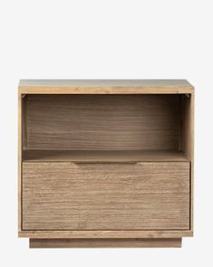 a wooden shelf with two drawers on one side and an open drawer on the other