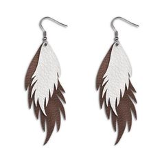 two tone leather earrings with white and brown feathers on the front, hanging from hooks