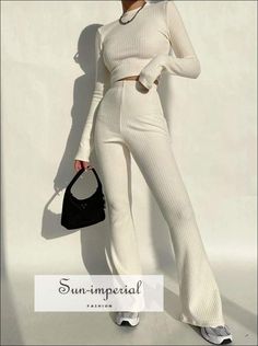 Women Beige High Neck Ribbed Long Sleeve Crop top and Stretch Waist Ribbed Flare Trousers Co-ord Two Flare Pants Outfits, Flare Pants Set, Short Dresses Party, Basic Crop Top, Ribbed Flares, Trouser Co Ord, Beige Top, Next Clothes, Flare Trousers