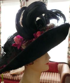 Victorian Hat 1890-1900 X-tra Large Black Beaver Fascinator Show-off Picture Hat | eBay Junk Kouture, Beaded Gloves, Beaver Hat, Edwardian Hat, Victorian Hats, Hat Stand, Drawing Cartoon Characters, Velvet Flowers, Wonderful Picture