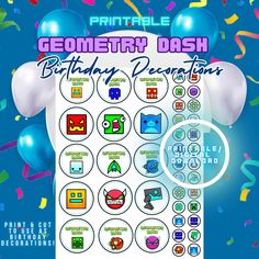 a birthday party poster with balloons and confetti