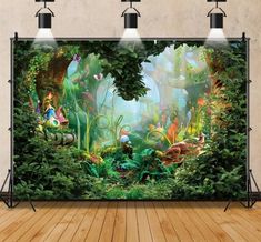 an image of a forest scene with plants and animals in the background, on a wooden floor