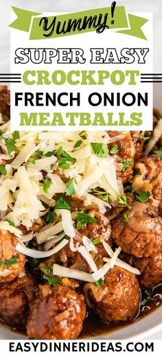 crockpot french onion meatballs with parmesan cheese on top in a white bowl