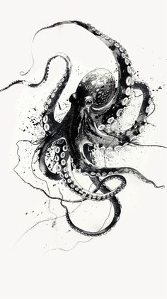 an ink drawing of an octopus in black and white, with bubbles on it's head