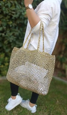 Crochet Gold Metallic Raffia Tote Bag Mesh Beach Woven - Etsy Gold Bucket Bag For Beach, Gold Bucket Bag For The Beach, Trendy Gold Woven Bag, Summer Gold Beach Shoulder Bag, Gold Rectangular Shoulder Bag For Vacation, Gold Summer Beach Bag, Gold Summer Beach Bags, Gold Straw Tote Bag, Chic Gold Crochet Bag For Daily Use