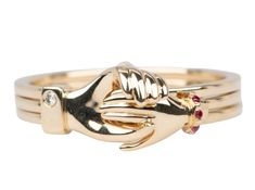 Fede Gimmel Ring 14K Gold with Diamond and Ruby Hands Clasped with Hidden Heart M6008 Aurora Designer Rings Meaning, Gimmel Ring, Clasped Hands, Rings With Meaning, Right Hand Rings, Ruby Diamond, Hand Designs, 17th Century, Heart Ring