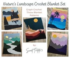 crochet landscape blanket set with palm trees, mountains and sunsets in different colors