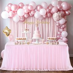 a pink and gold birthday party with balloons