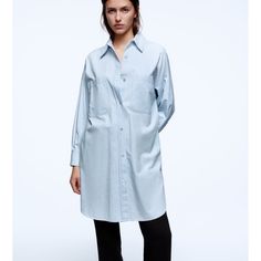 Lapel Collar Dress With Long Sleeves. Front Patch Pockets. Side Vents At Hem. Front Button Closure. Light Blue Size L: Armpit To Armpit 25”, Length 32” M: Armpit To Armpit 24”, Length 32” Lapel Collar Dress, Zara Striped Shirt, Gingham Shirt Dress, Zara Woman Dress, Floral High Low Dress, Striped Shirt Women, Dress Light Blue, Casual Tie, Zara Fashion