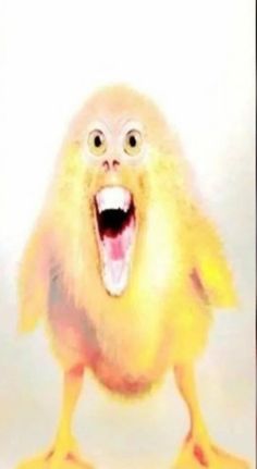 a yellow bird with its mouth open and it's eyes wide open while standing in front of a white background