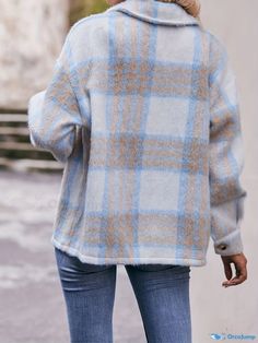 Orcajump - Plaid Print Button Front Jacket, Casual Long Sleeve Pocket Jacket For Fall & Winter, Women's Clothing Seasons Winter, Elegant Fabric, Pocket Jacket, Plaid Print, Sleeves Pattern, Winter Women, Knitted Fabric, Collar Styles, Types Of Sleeves