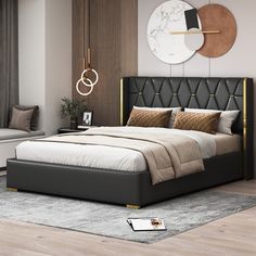 a bedroom with a large bed and modern decor