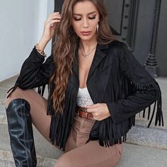 Tassel Suede Women Fringe Jacket Long Sleeve Jacket Fits True To Size Fall Leather Jacket With Tassels And Long Sleeves, Chic Fall Outerwear With Tassels, Chic Winter Fringe Outerwear, Fall Outerwear With Tassels, Winter Leather Jacket With Tassels Long Sleeve, Winter Leather Jacket With Tassels, Chic Long-sleeve Leather Jacket With Fringe, Chic Long Sleeve Leather Jacket With Fringe, Chic Leather Jacket With Fringe And Long Sleeves