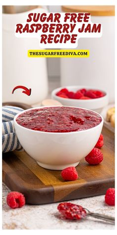 raspberry jam in a white bowl on a cutting board