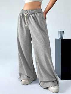 Plus Size Women's Solid Gray Drawstring Sweatpants, Autumn Grey    Knitted Fabric Plain Wide Leg Medium Stretch  Women Plus Clothing, size features are:Bust: ,Length: ,Sleeve Length: Aged Cheese, Drawstring Waist Pants, Comfy Sweatpants, Loose Hoodie, Wide Leg Sweatpants, Sweatshirt Zipper, Lady Grey, Inspiration Mode, Crop Sweatshirt