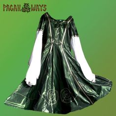 Handmade and unique green and white pagan fantasy handfasting dress with spirals, made by Pagan Ways. This dress is inspired by Celtic mythology, Avalon and Morgaine. The dress is hand embroidered, and the fabric is silk taffeta.  Great for handfastings, festivals and rituals!  Size: M - L (All sizes are approximate. In case of doubt please contact us and we'll help you out!)  Visit our website: www.paganways.nl Like us on Facebook to keep in touch: www.facebook.com/paganwaysclothing/ Instagram: Fitted Green Dress For Medieval Festivals, Green Fitted Medieval Dress, Medieval Green Dress For Costume Party, Medieval Green Costume Dress, Handfasting Dress, Celtic Mythology, Celtic Wedding, Custom Made Clothing, Silk Taffeta