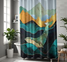 a bathroom with a shower curtain that has a painting of a whale in the water