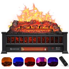 an electric fireplace heater with multiple colors and remote controls in front of the fire