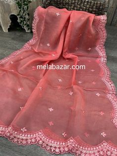 Organza dupatta with embroidery on the scalloped edge. Embroidered Organza, Organza Dupatta, Net Dupatta, Light Peach, Scalloped Edge, Coral Pink, Cotton Silk, Dublin, Mood Board