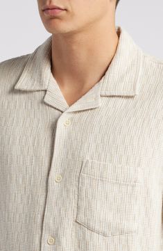 A softly textured cotton weave furthers the relaxed comfort of a camp shirt that's washed and faded to feel like a well-loved favorite. 27 1/2" length (size medium) Front button closure Notched collar Short sleeves Chest patch pocket 100% cotton Hand wash, line dry Imported Beige Camp Shirt With Relaxed Fit And Camp Collar, Casual Unstructured Beige Shirt, Beige Cotton Camp Shirt With Relaxed Fit, Summer Cream Camp Shirt With Relaxed Fit, Beige Johnny Collar Shirt With Relaxed Fit, Casual Beige Camp Collar Shirt, Cotton Camp Shirt With Camp Collar For Loungewear, Cotton Camp Collar Shirt For Loungewear, Cotton Collared Camp Shirt For Loungewear