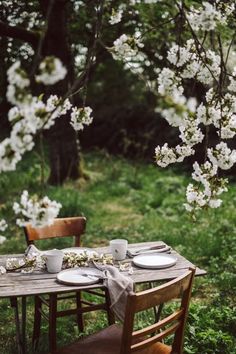 the table is set for two with plates and cups on it, in front of flowering trees